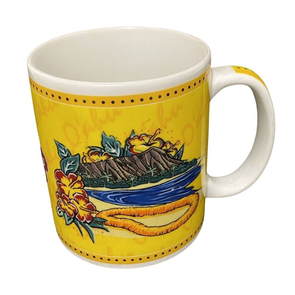 Hilo Hattie Mug Yellow Oahu Island Heritage Travel Souvenir Advertising Tropical